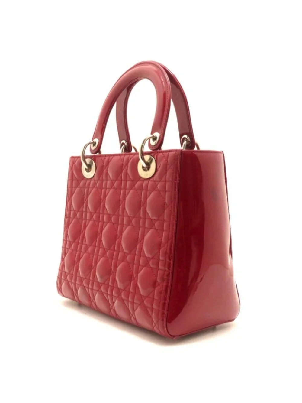 Dior Cannage Lady Dior Handbag Medium Red S Patent Leather Silver